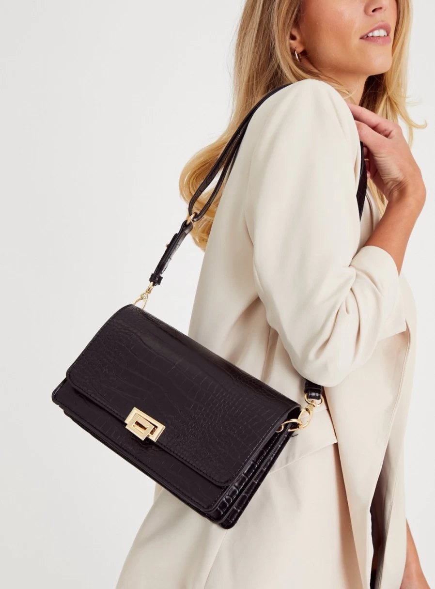 "TU Women's Black Mock Crocodile Crossbody Bag - One Size Faux Leather Purse"