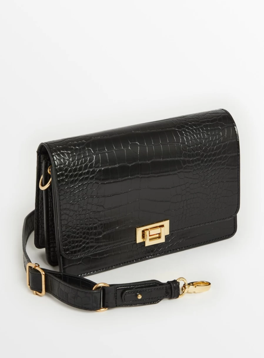 "TU Women's Black Mock Crocodile Crossbody Bag - One Size Faux Leather Purse"