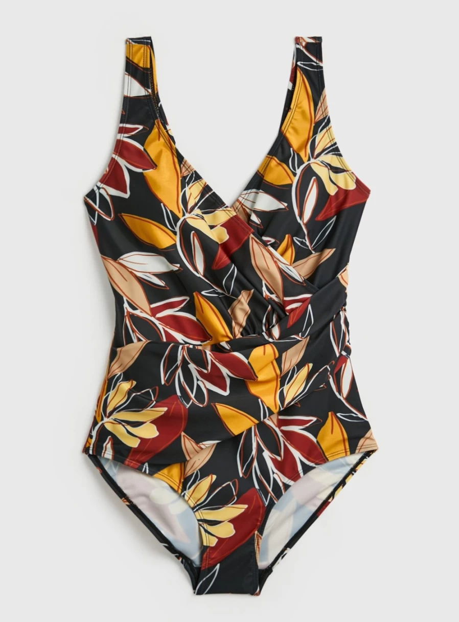Tu Women's Leaf Print Asymmetric Panel One-Piece Swimsuit - Tropical Design, Bathing Suit for Beach & Pool