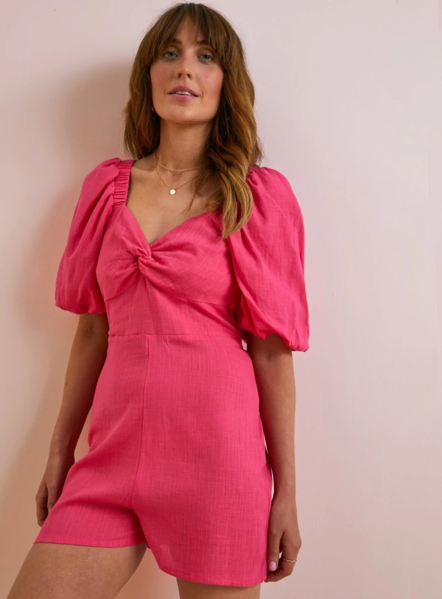Everbelle Women's Pink Cross Hatch Playsuit - Stylish Romper Jumpsuit for Summer Fashion