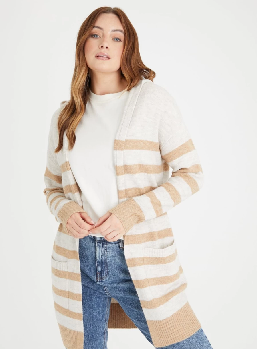 "Tu Women's Oatmeal & Brown Striped Longline Hooded Cardigan - Size 14"