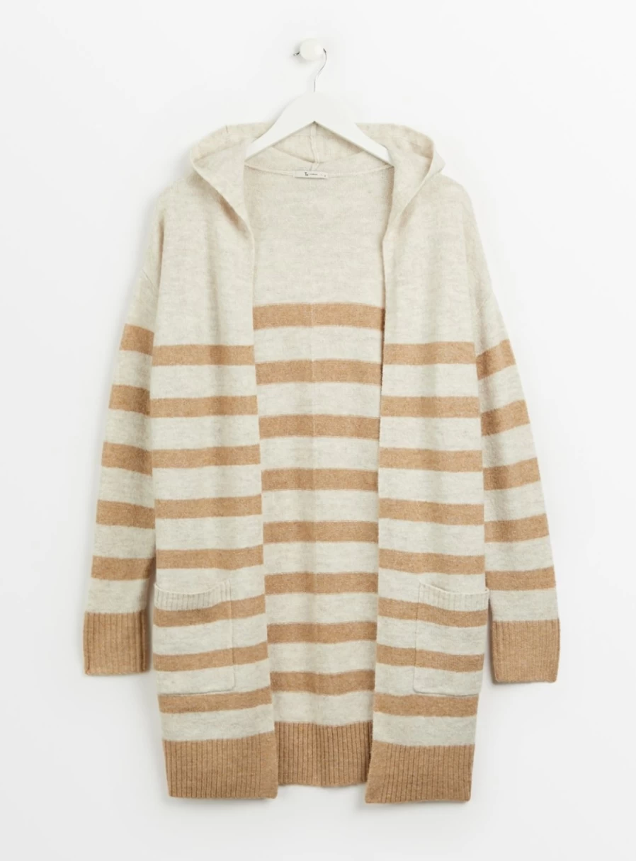 "Tu Women's Oatmeal & Brown Striped Longline Hooded Cardigan - Size 14"