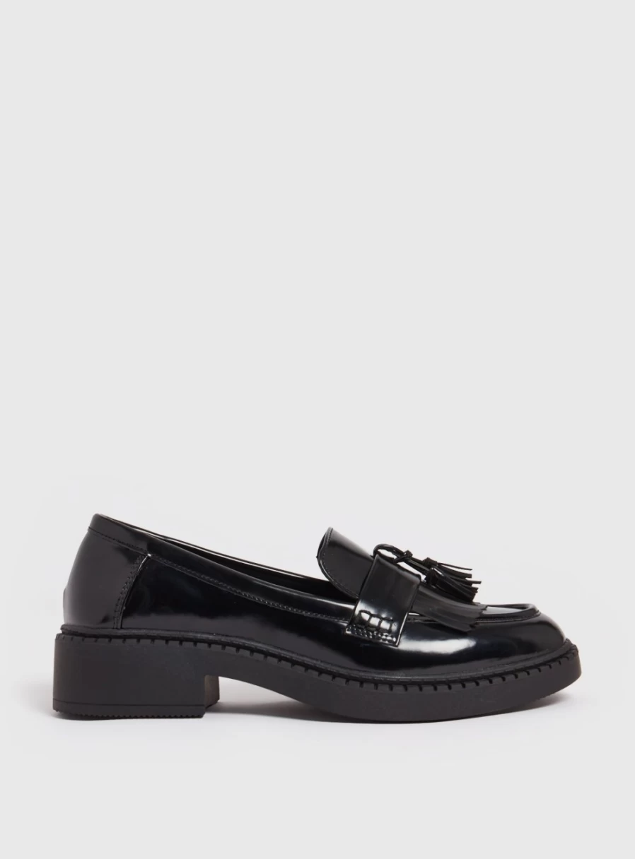 Women's Black Patent Leather Tassel Loafers by Tu - Elegant Slip-On Dress Shoes