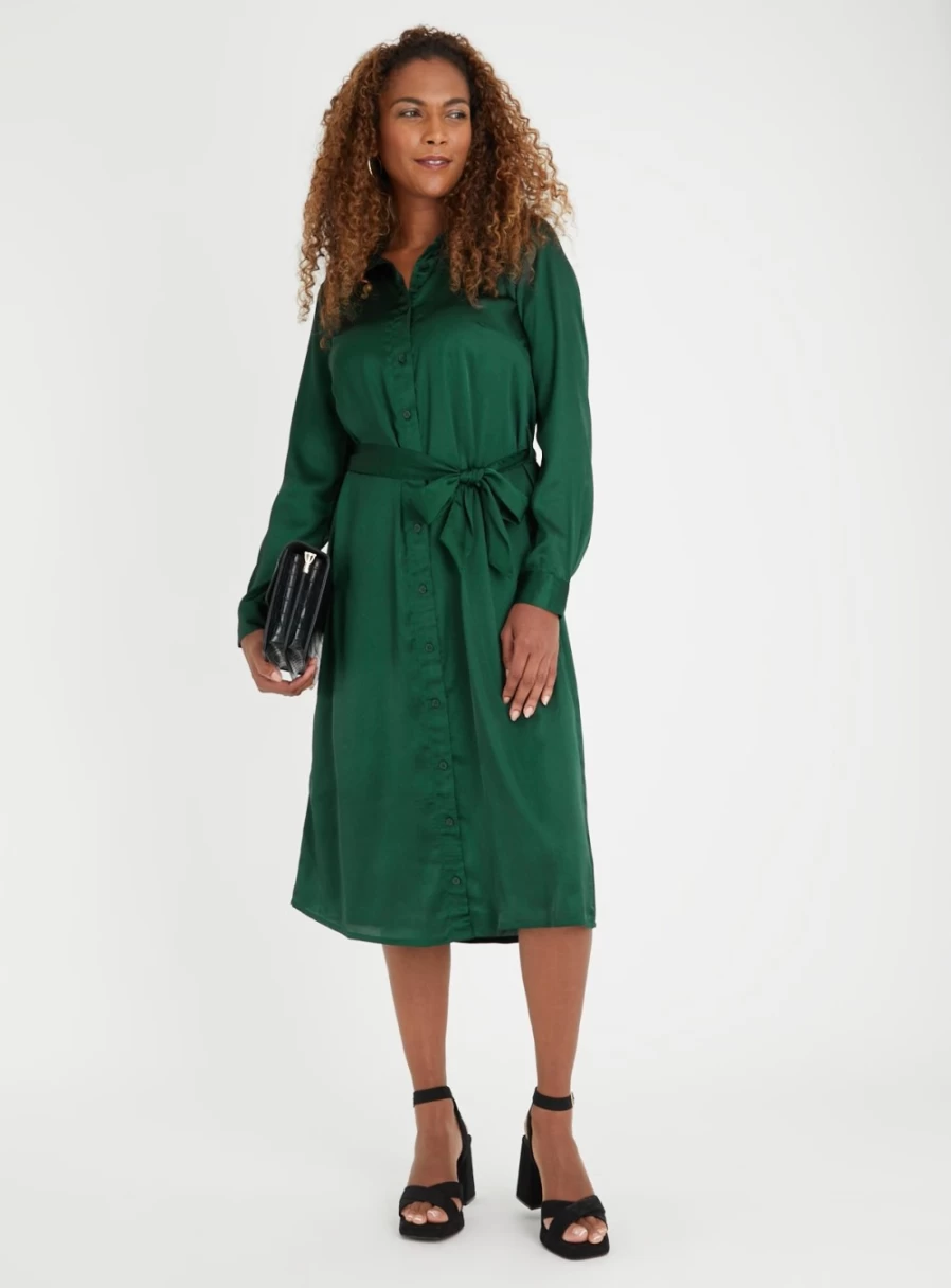 Tu Women's Dark Green Satin Shirt Dress - Elegant 20L Style for Casual & Formal Wear