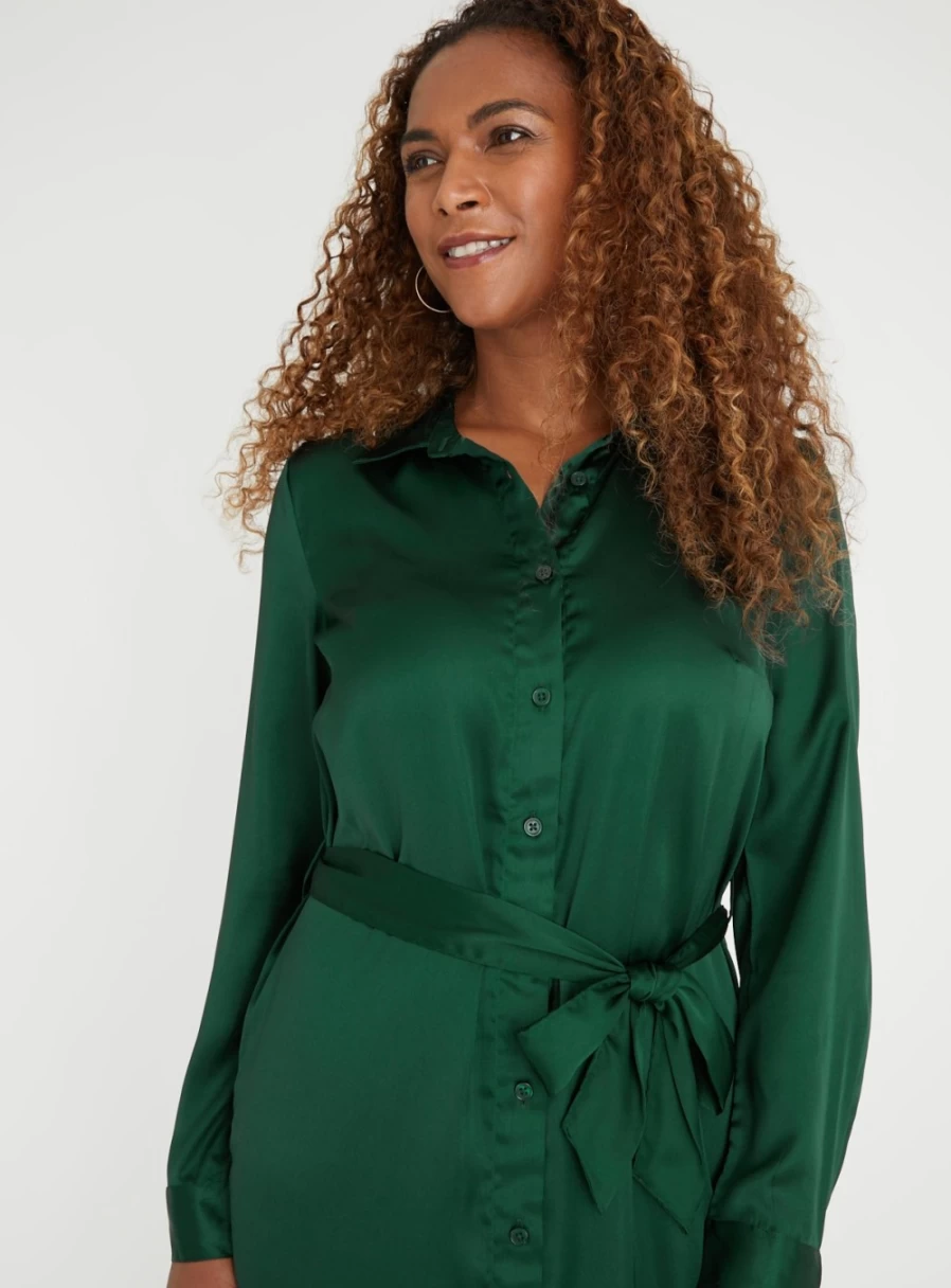 Tu Women's Dark Green Satin Shirt Dress - Elegant 20L Style for Casual & Formal Wear
