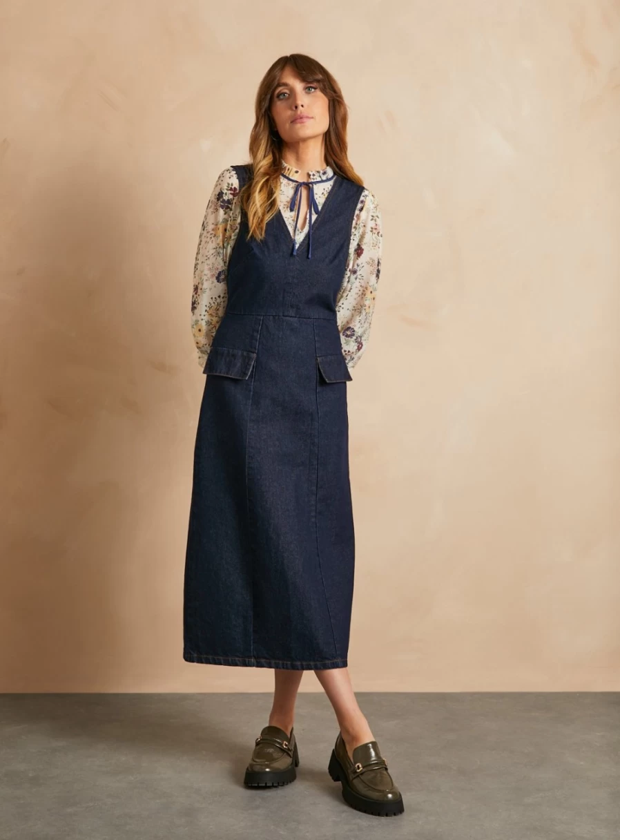 Everbelle Women's Denim Pinafore Midi Dress - Style 6 | Classic Blue Jean Jumper Dress
