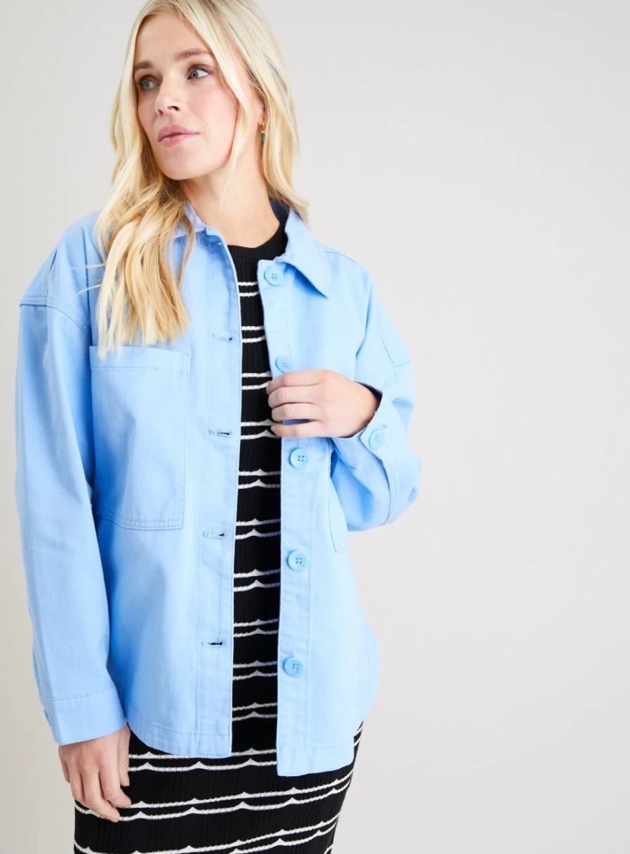 Women's Blue Double Pocket Twill Shacket by Tu - Casual Overshirt for Style & Comfort