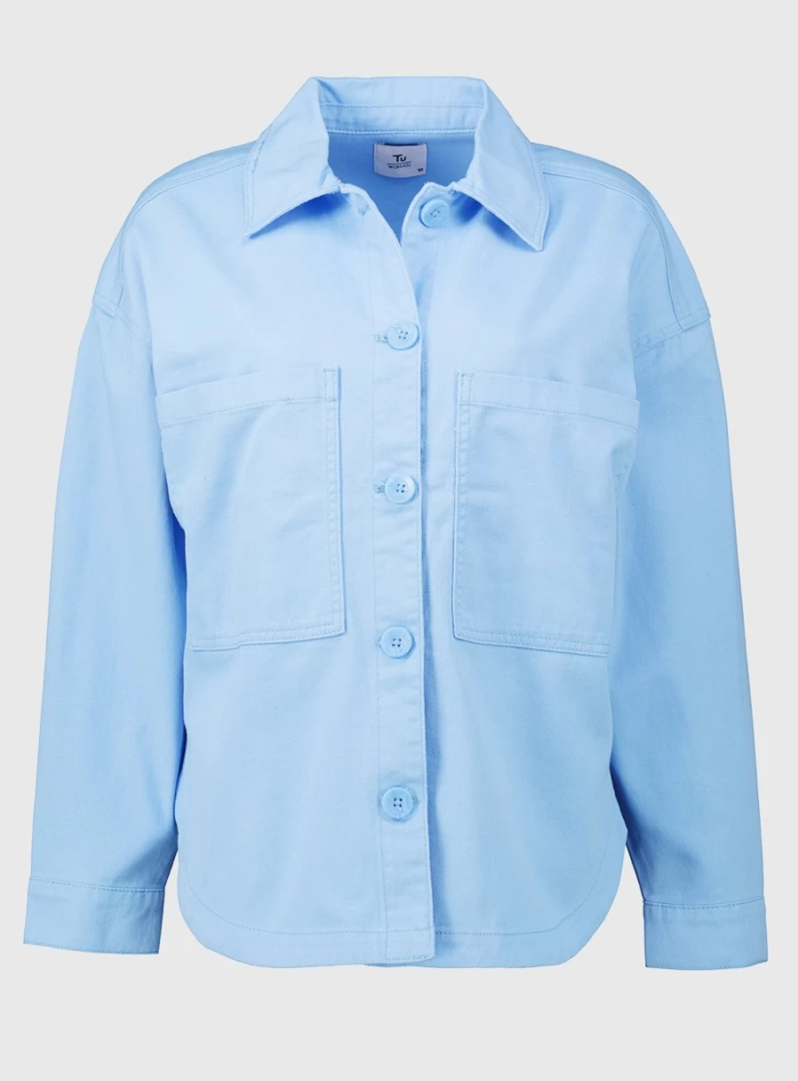 Women's Blue Double Pocket Twill Shacket by Tu - Casual Overshirt for Style & Comfort