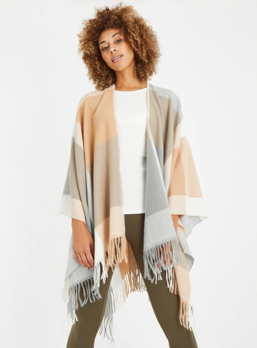 Tu Women's Camel Check Cape - One Size Classic Elegant Outerwear