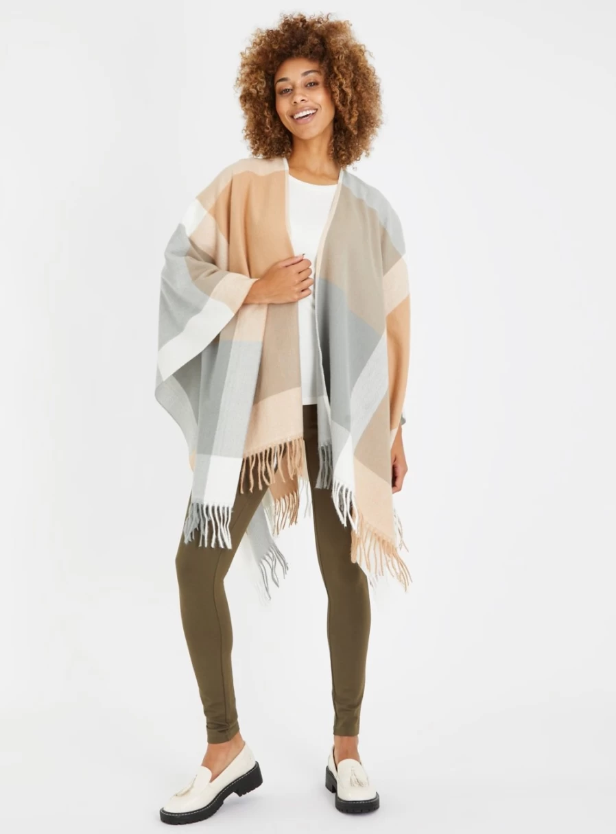 Tu Women's Camel Check Cape - One Size Classic Elegant Outerwear