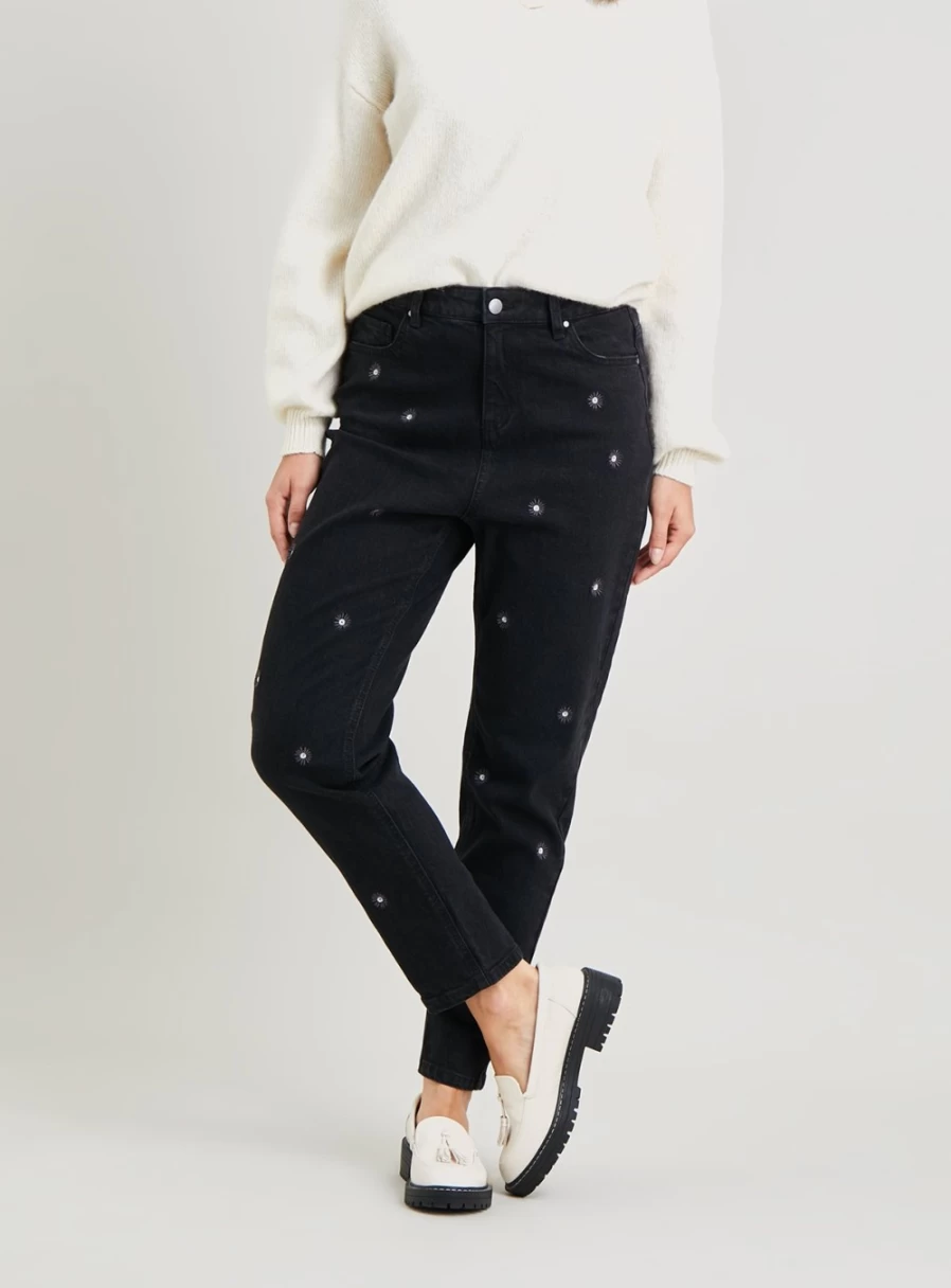 Tu Women's Black Daisy Embroidered High-Waisted Mom Jeans - Size 12 Regular