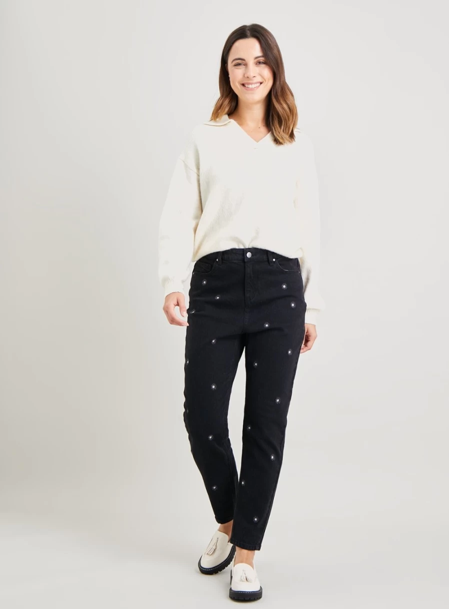 Tu Women's Black Daisy Embroidered High-Waisted Mom Jeans - Size 12 Regular