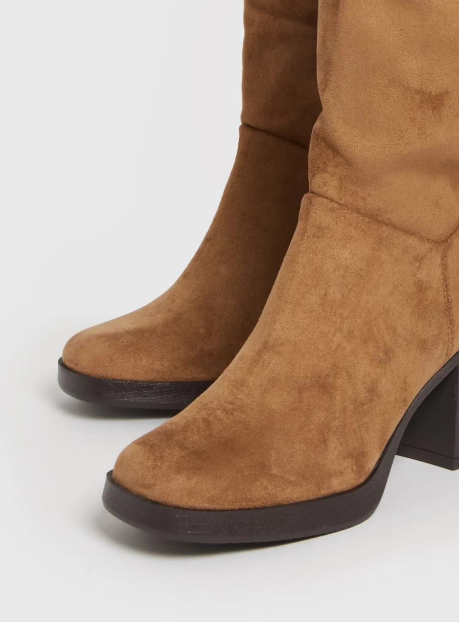 Tu Women's Tan Faux Suede Knee-High Platform Boots with 6-Inch Heel