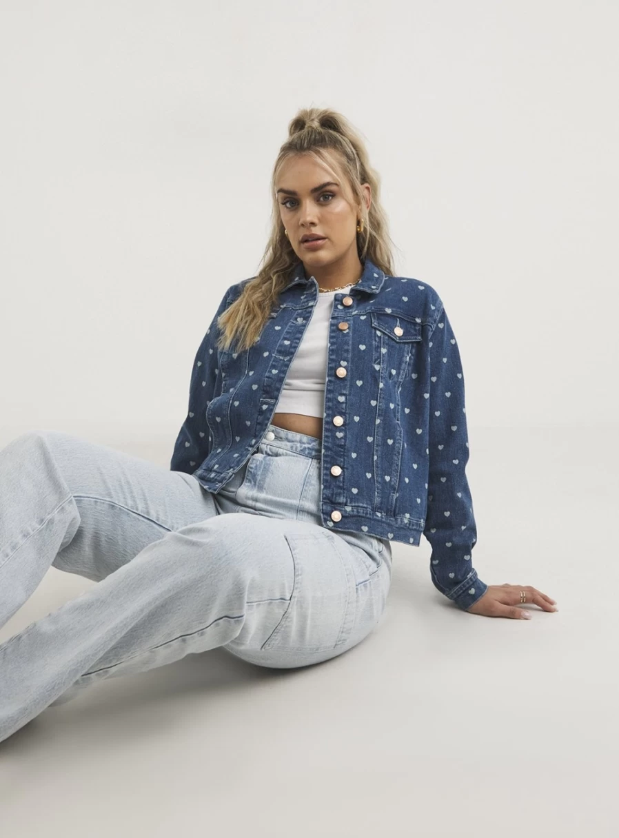 Simply Be Women's Heart Print Denim Jacket - Western Style Size 28