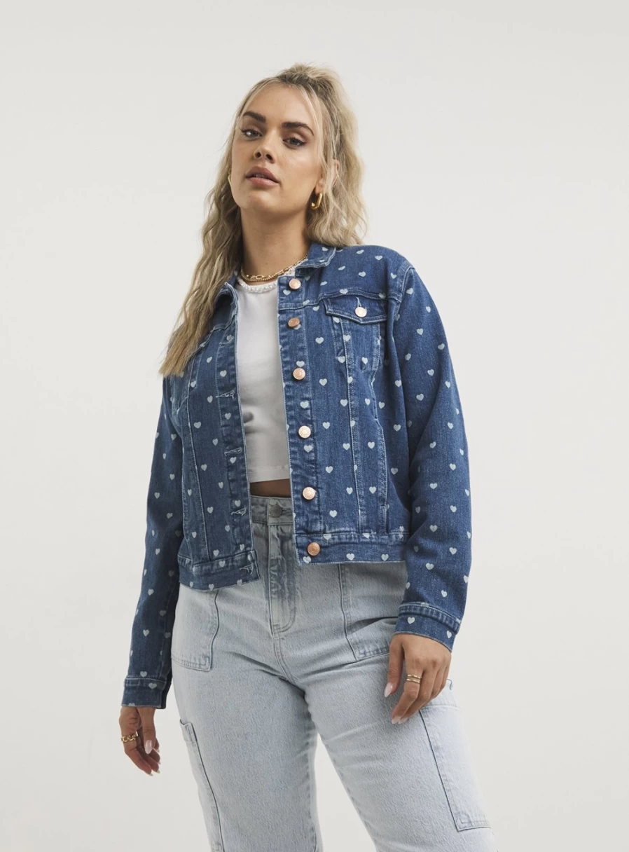 Simply Be Women's Heart Print Denim Jacket - Western Style Size 28