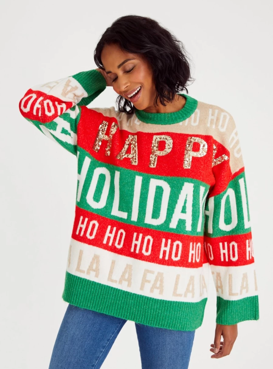 Tu Women's Christmas Slogan Jumper - Festive Green, Red & White Knit Sweater Size 16