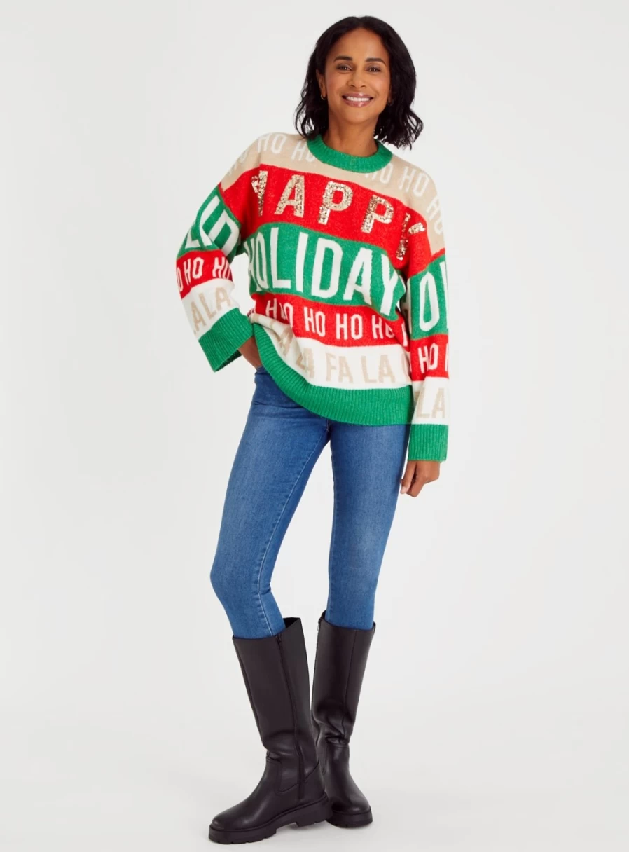Tu Women's Christmas Slogan Jumper - Festive Green, Red & White Knit Sweater Size 16