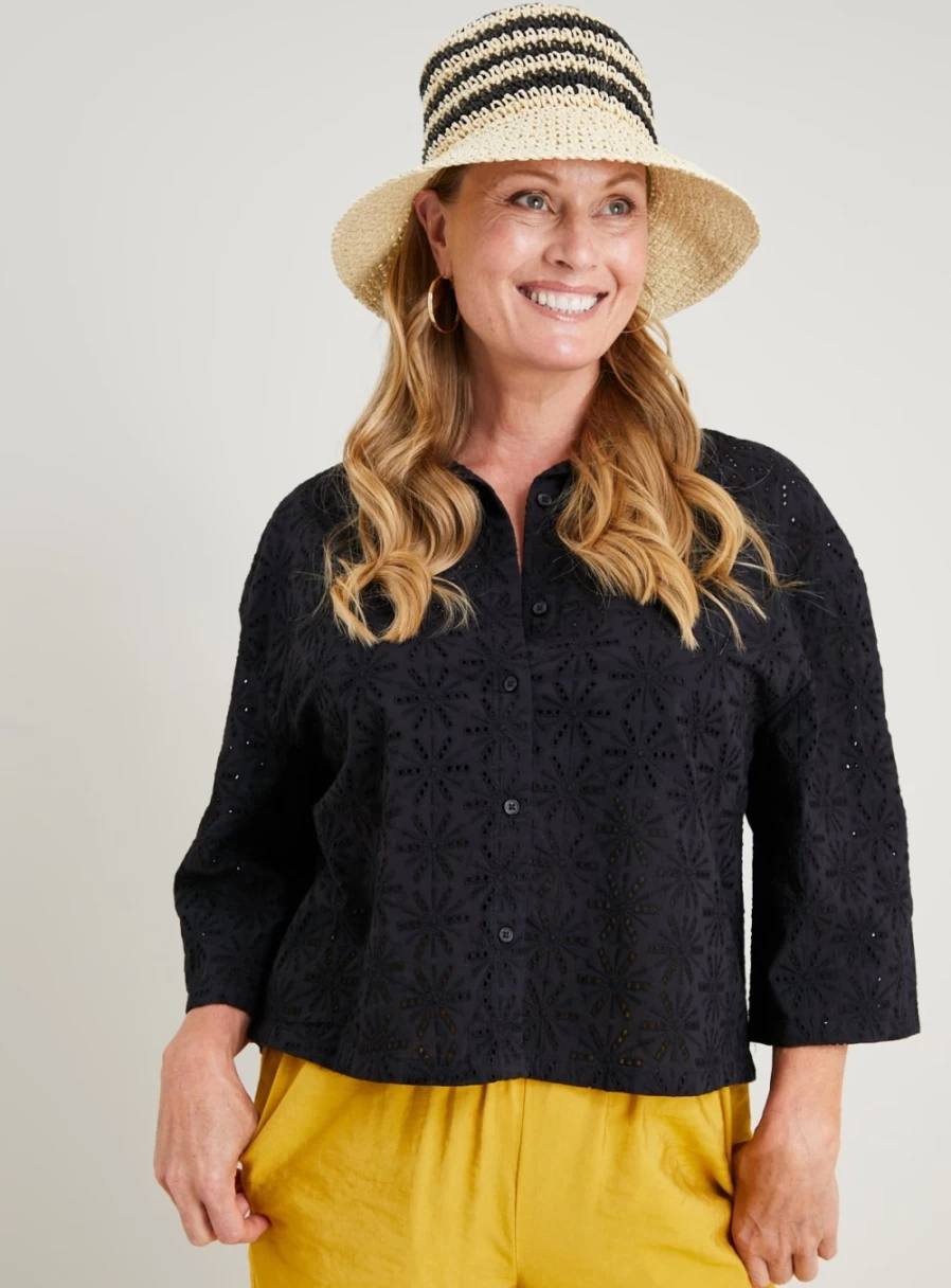 Tu Women's Black Lace Embroidered Boxy Shirt - Size 18 Elegant Feminine Top