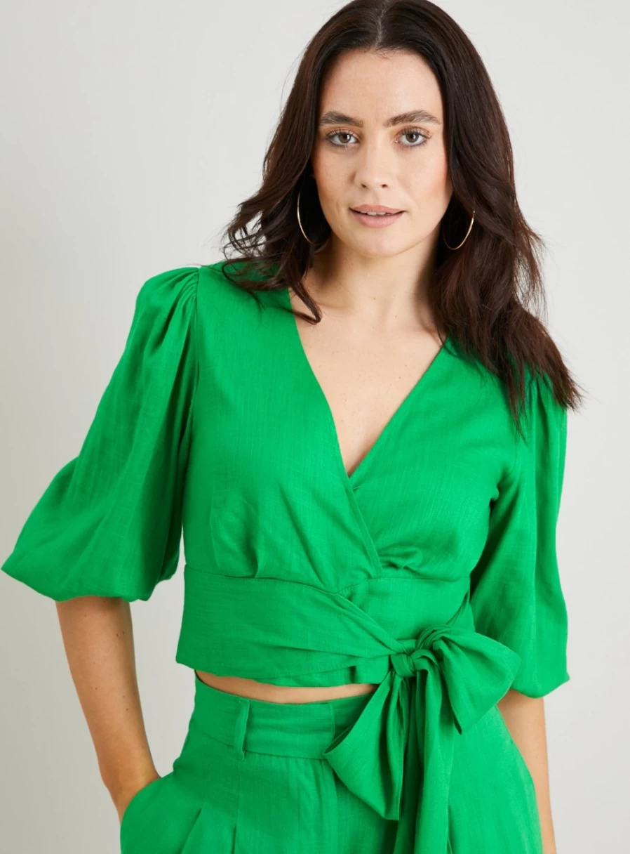 Tu Women's Green Long Puff Sleeve Wrap Front Blouse - Elegant Casual Tops
