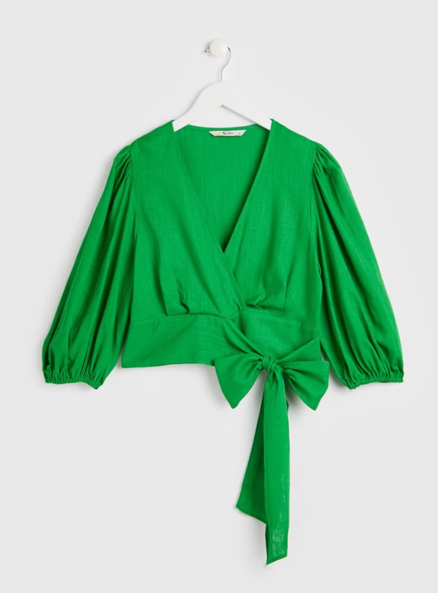 Tu Women's Green Long Puff Sleeve Wrap Front Blouse - Elegant Casual Tops