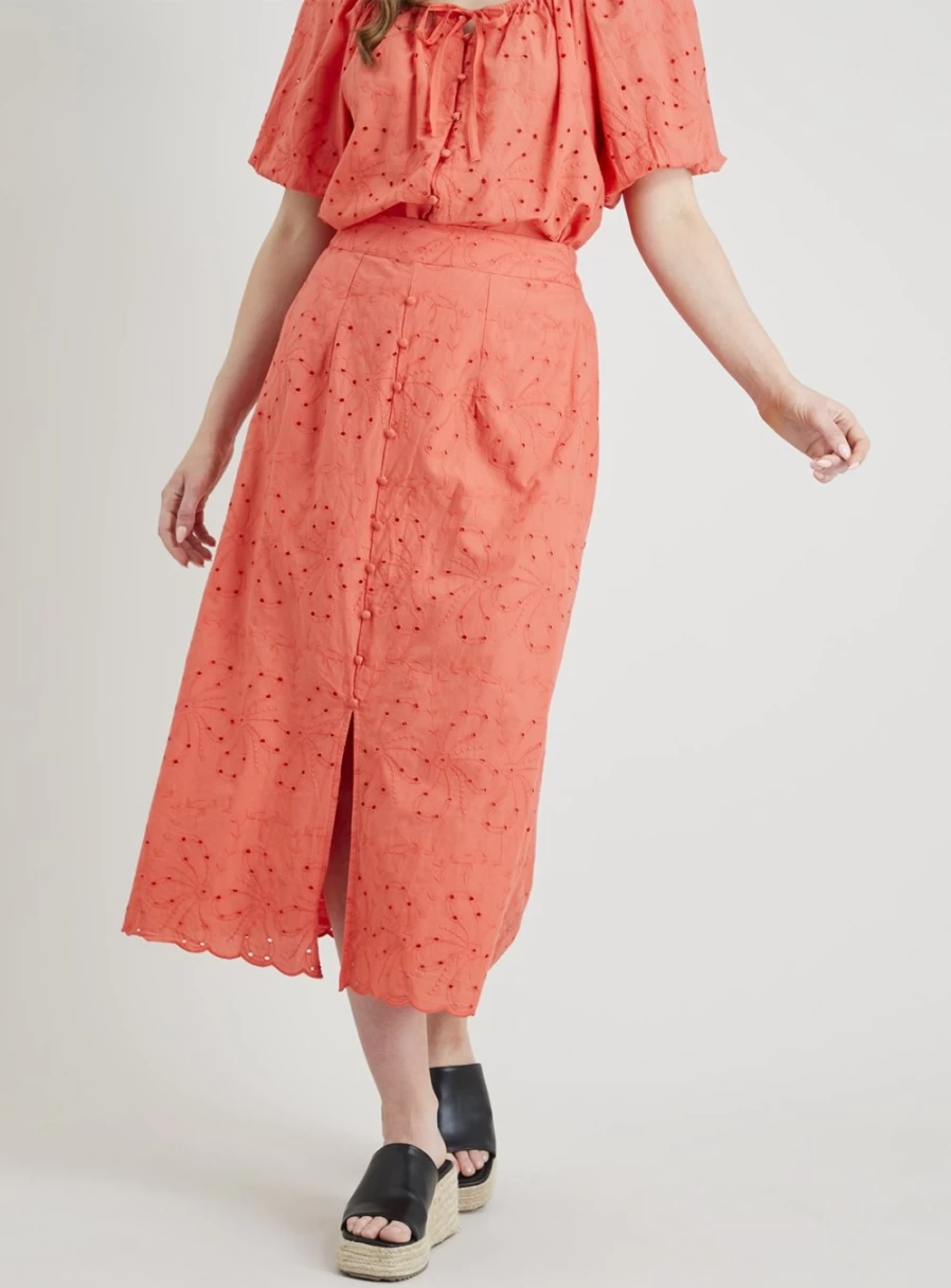 Tu Women's Coral Embroidered A-Line Skirt Coord Set - Floral Broderie Summer Outfit - Size 8