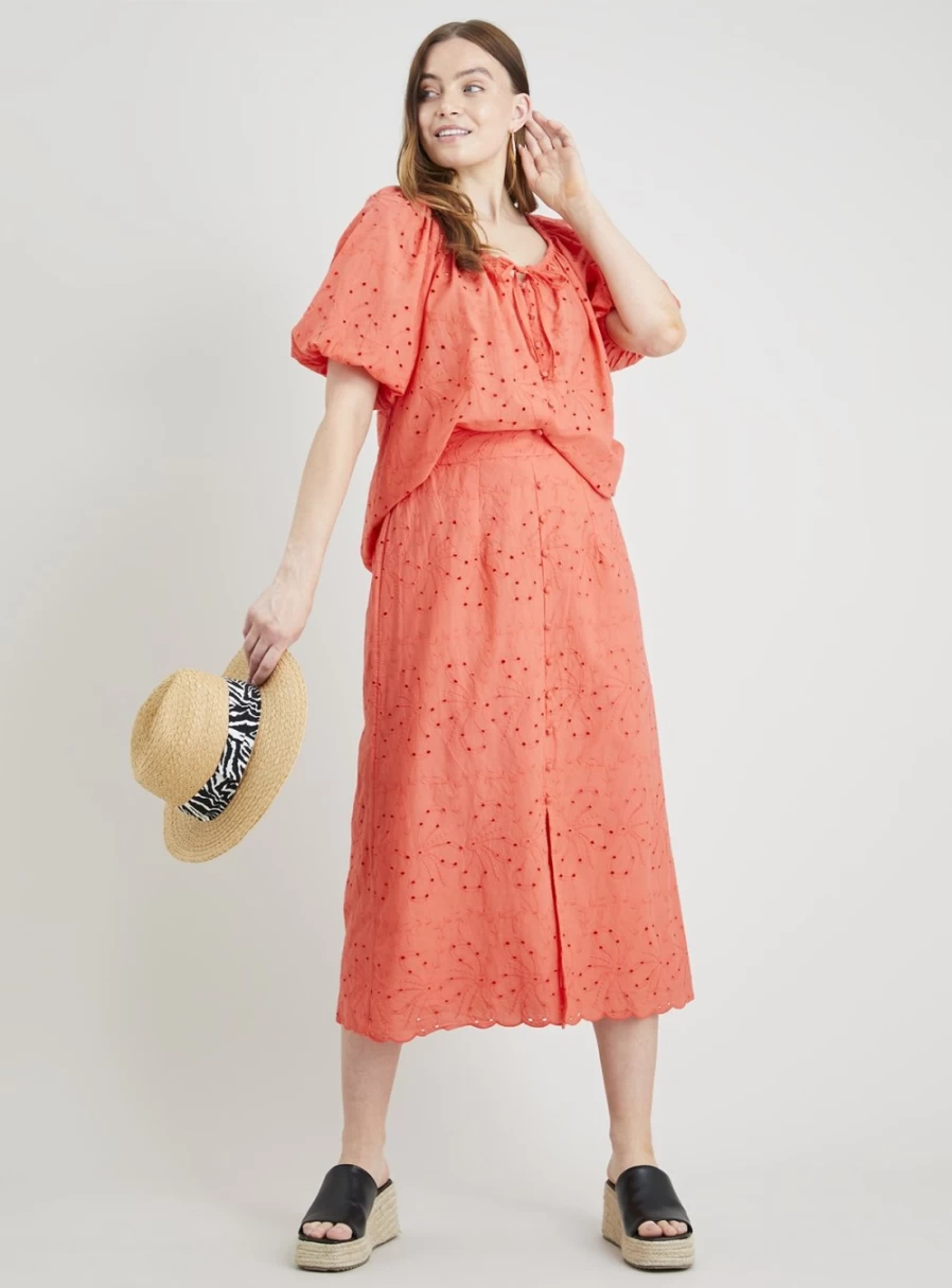 Tu Women's Coral Embroidered A-Line Skirt Coord Set - Floral Broderie Summer Outfit - Size 8