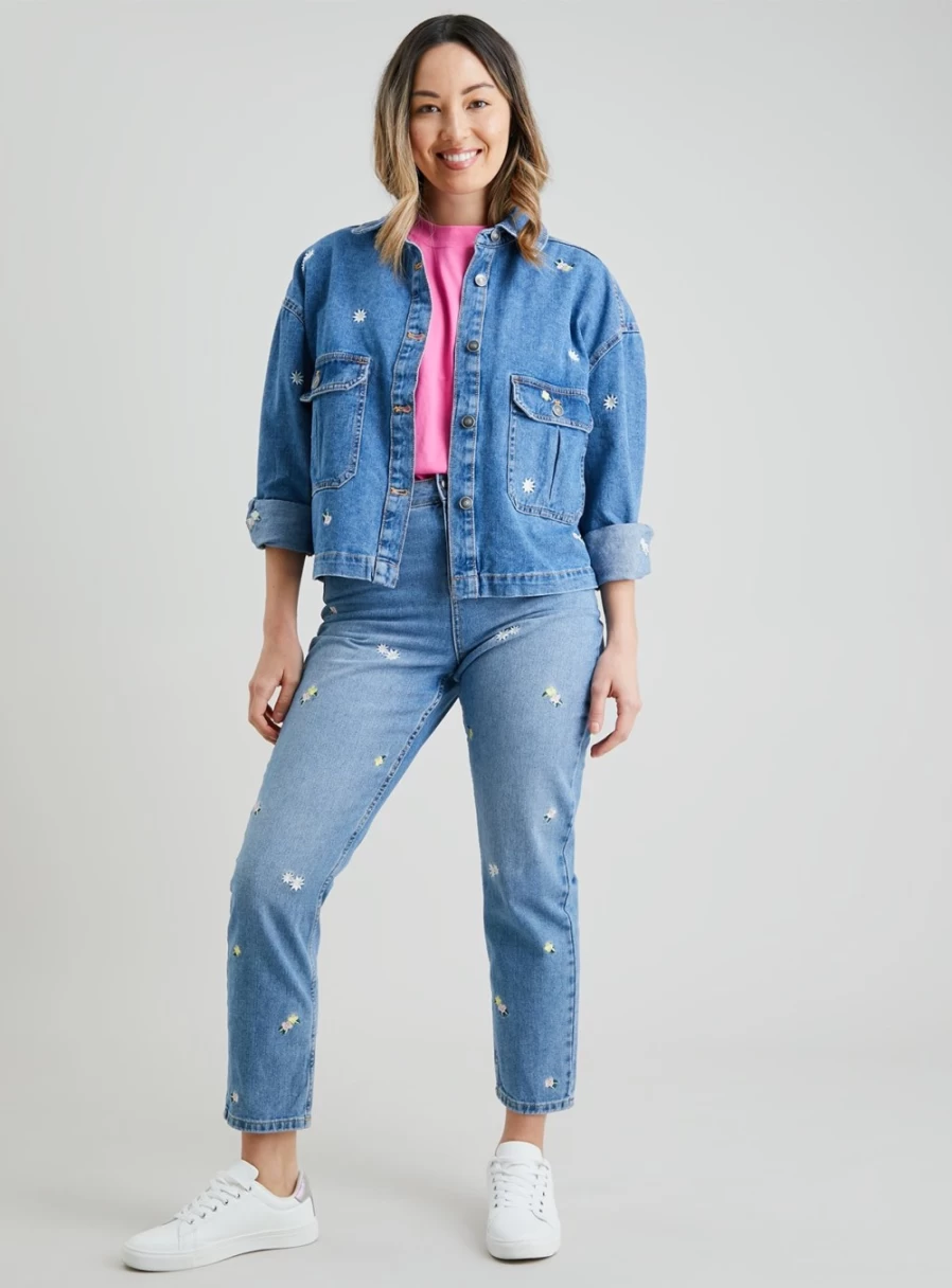 Tu Women's Mid Wash Floral Embroidered Mom Jeans - High Waisted Vintage Denim 20R