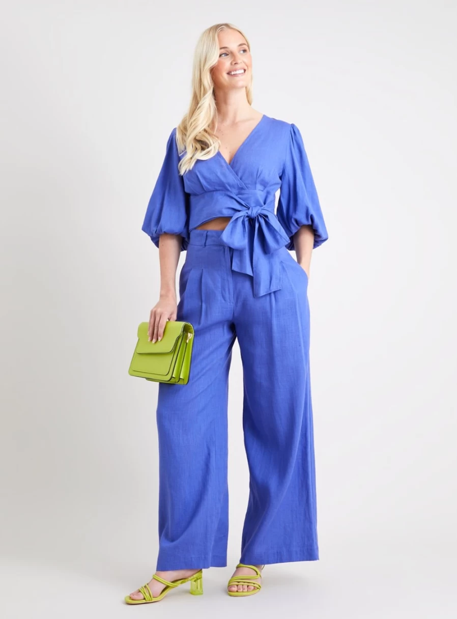 "Tu Women's Cornflower Blue Wide Leg Linen Trousers - Relaxed Fit 10R"