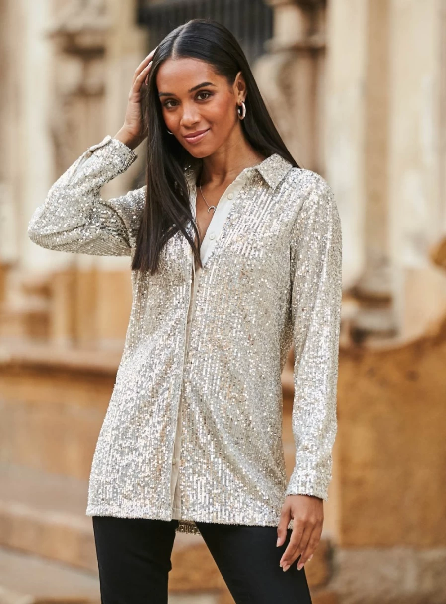 Sosandar Women's Champagne Sequin Shirt - Glittery Party Top Size 12