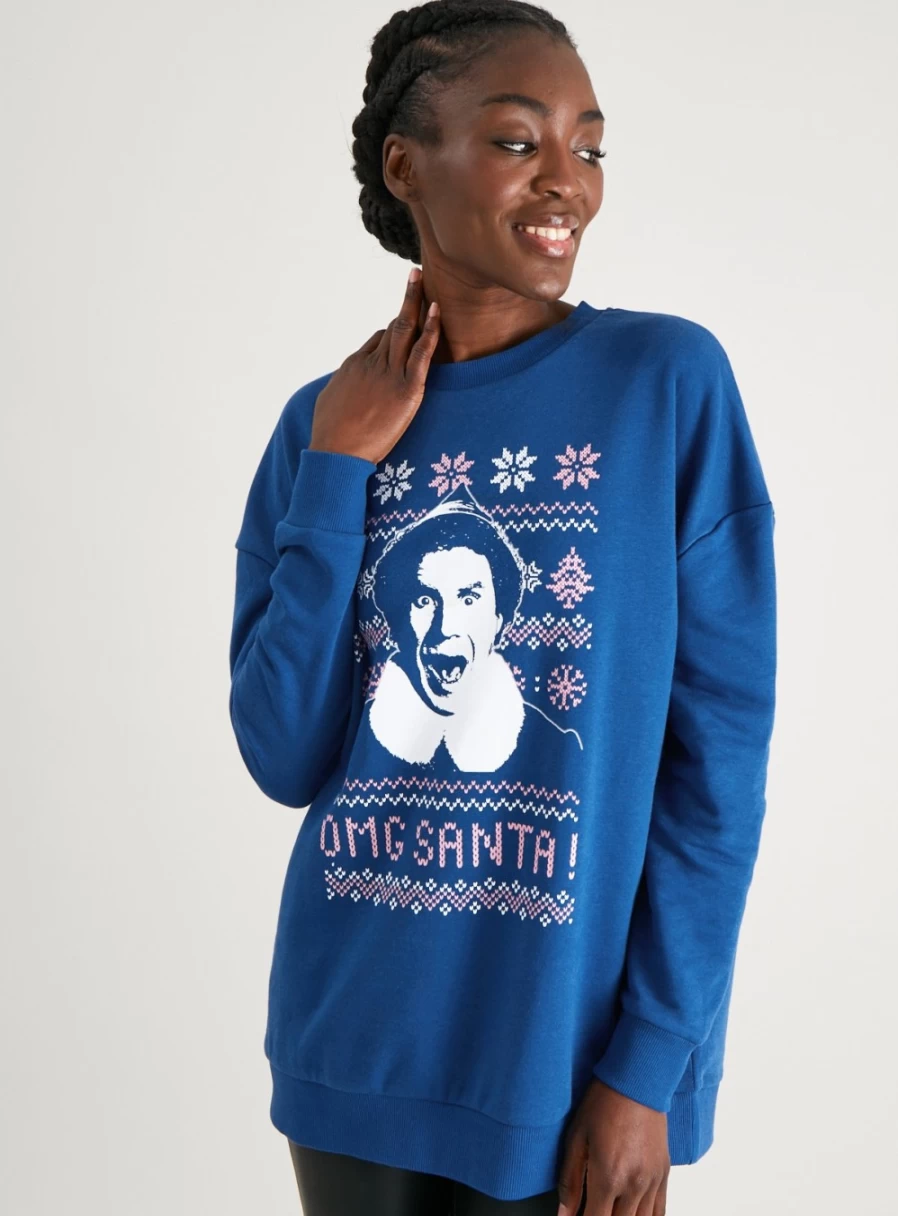 "Tu Women's Christmas Elf Blue Sweatshirt - Festive Holiday Pullover for Women"