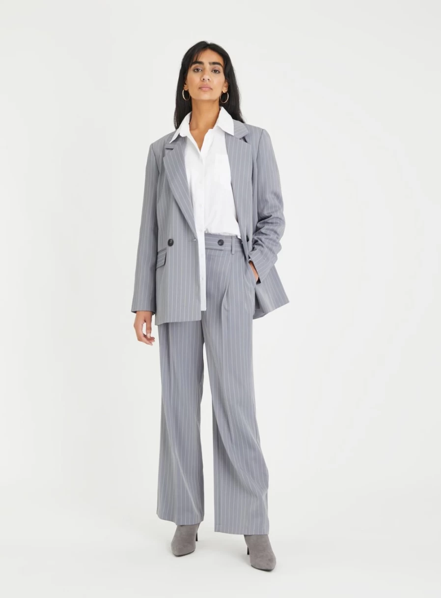 "Tu Women's Grey Pinstripe Wide Leg Trousers - High Waist Comfort Fit 12L"