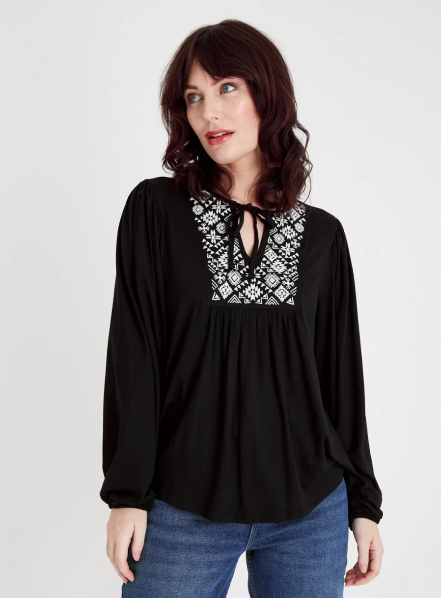 Tu Women's Black Embroidered Relaxed Fit Top - Size 8 Casual Boho Blouse