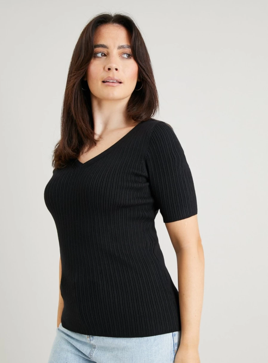 Tu Women's Black V-Neck Ribbed T-Shirt with Back Detail - Slim Fit Stretch Cotton Top