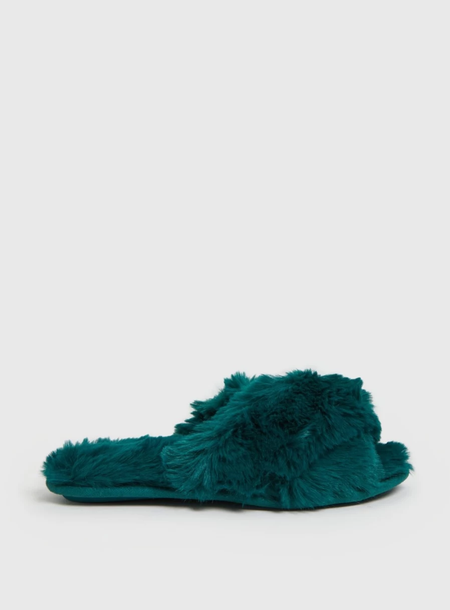 Tu Women's Green Faux Fur Crossover Slide Slippers - Cozy House Shoes