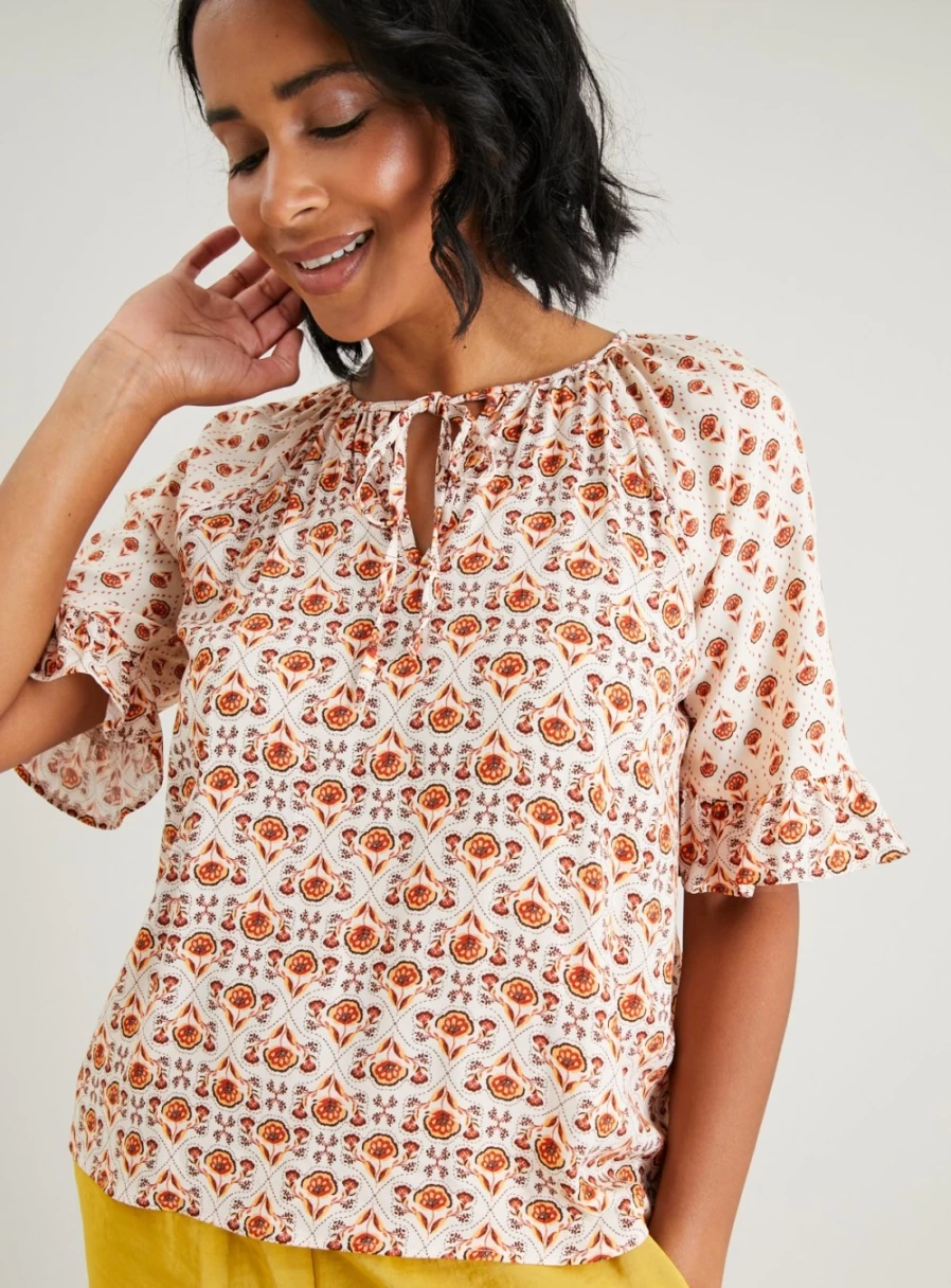 "Tu Women's Peach Floral Notch Neck Blouse - Stylish Summer Top"
