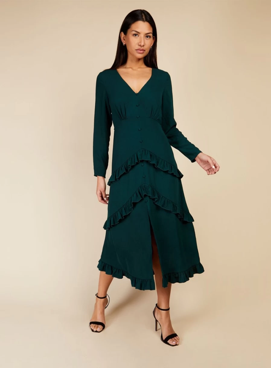 Little Mistress Women's Green Button Detail Midi Dress - Style 14