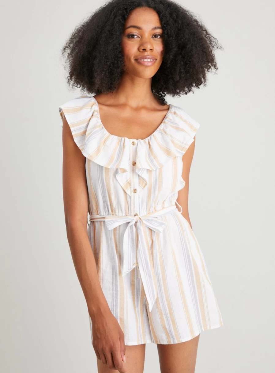 Tu Women's Neutral Stripe Frill Playsuit - Size 14, Stylish Ruffled Jumpsuit for Women