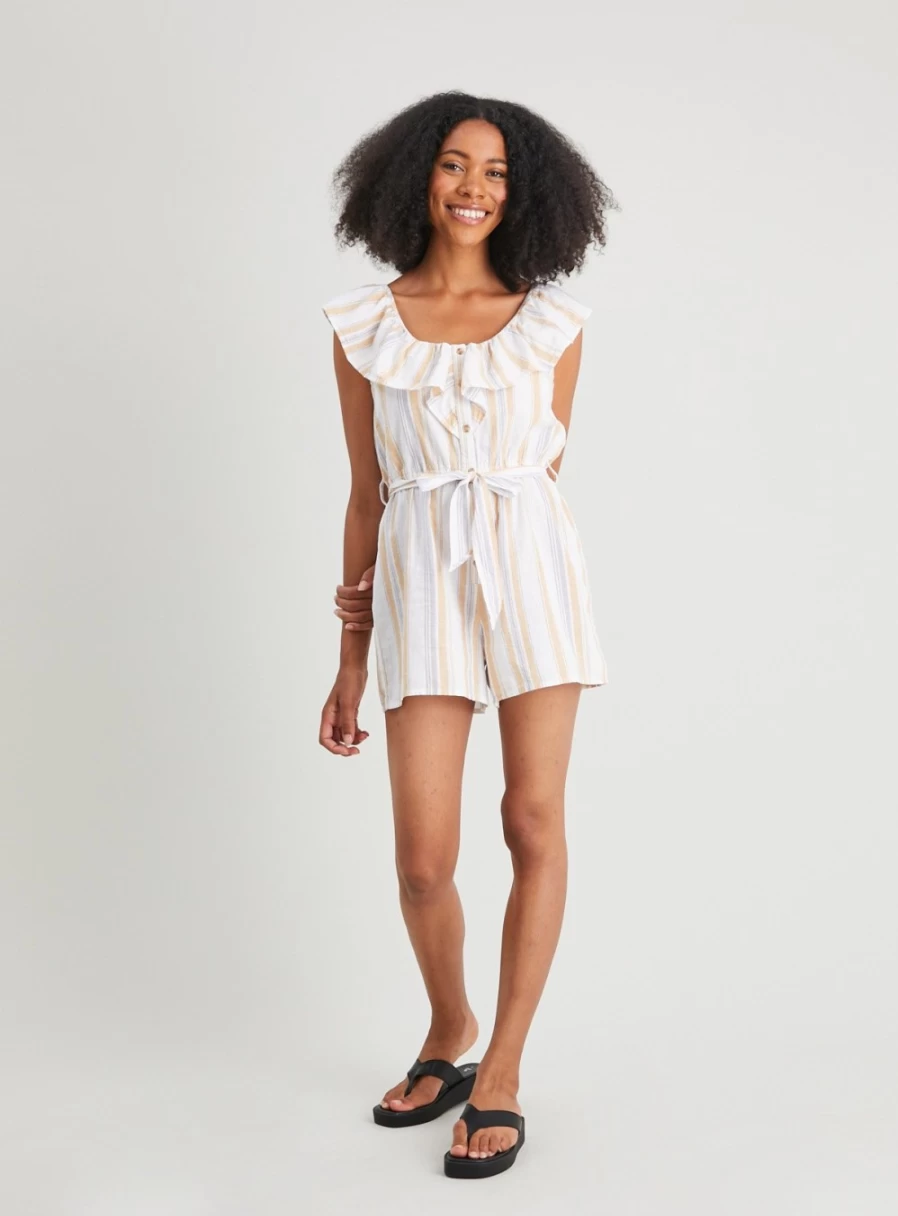 Tu Women's Neutral Stripe Frill Playsuit - Size 14, Stylish Ruffled Jumpsuit for Women