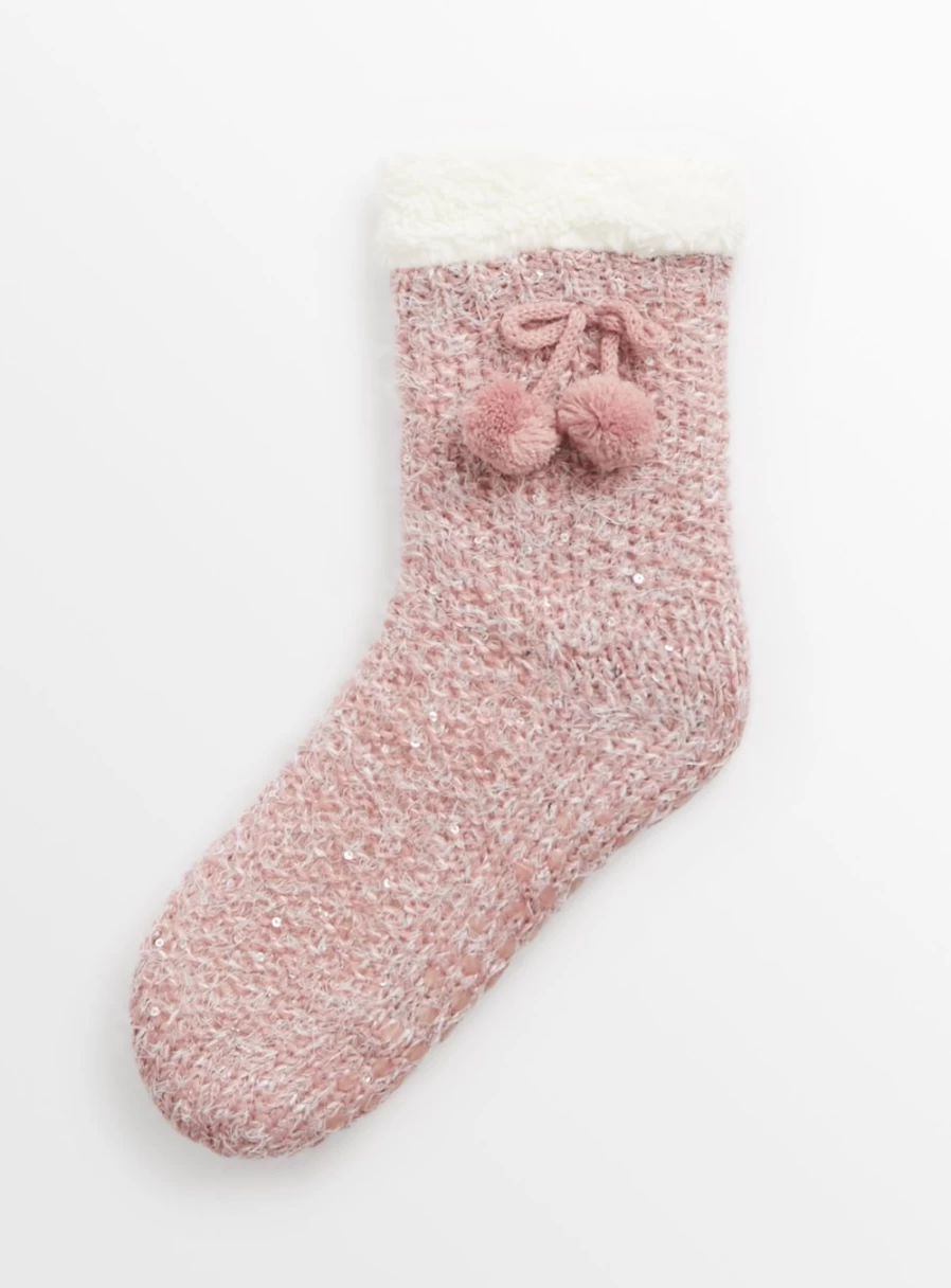 Tu Women's Pink Sequin Pom Pom Slipper Socks - Cozy Fuzzy House Shoes for US Sizes 4-8