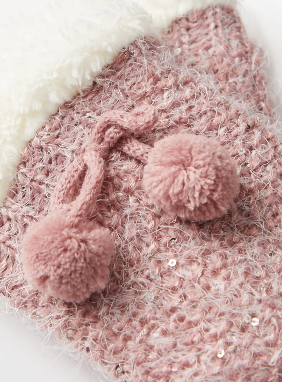 Tu Women's Pink Sequin Pom Pom Slipper Socks - Cozy Fuzzy House Shoes for US Sizes 4-8