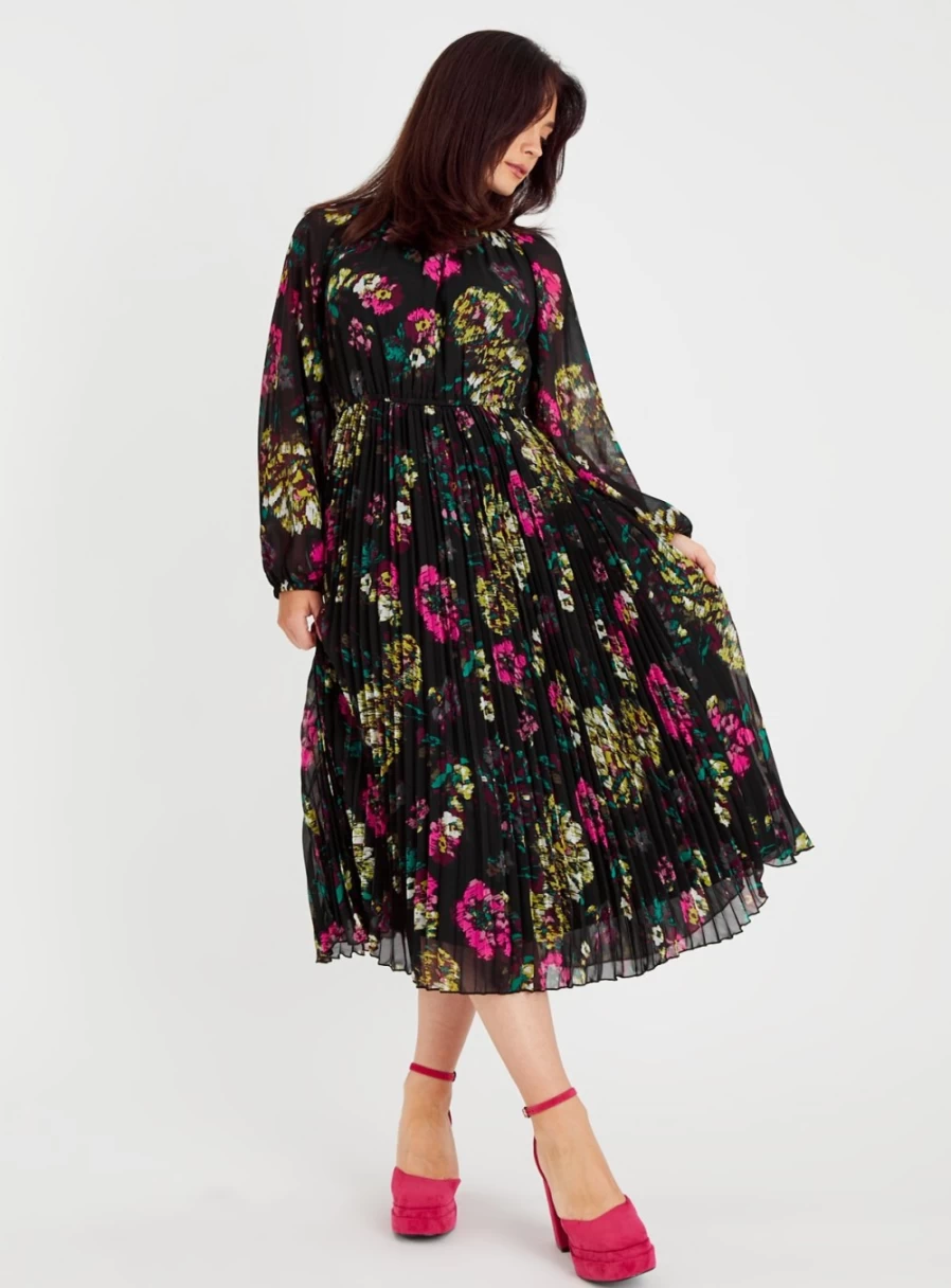 Tu Women's Black Floral Pleated Midi Dress - Size 8 Elegant Casual Summer Outfit