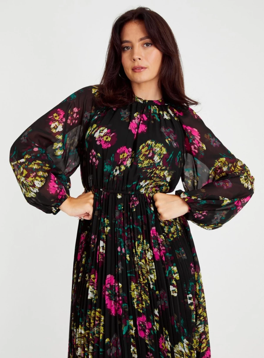 Tu Women's Black Floral Pleated Midi Dress - Size 8 Elegant Casual Summer Outfit