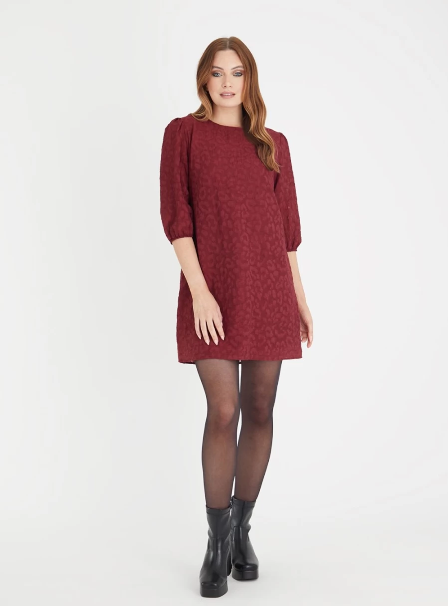 Tu Women's Dark Red Animal Print Jacquard Mini Dress - Stylish & Elegant Party Wear