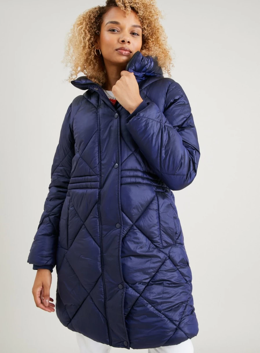 Tu Women's Blue High Shine Padded Coat - Glossy Winter Jacket with Quilted Detail, Size 14