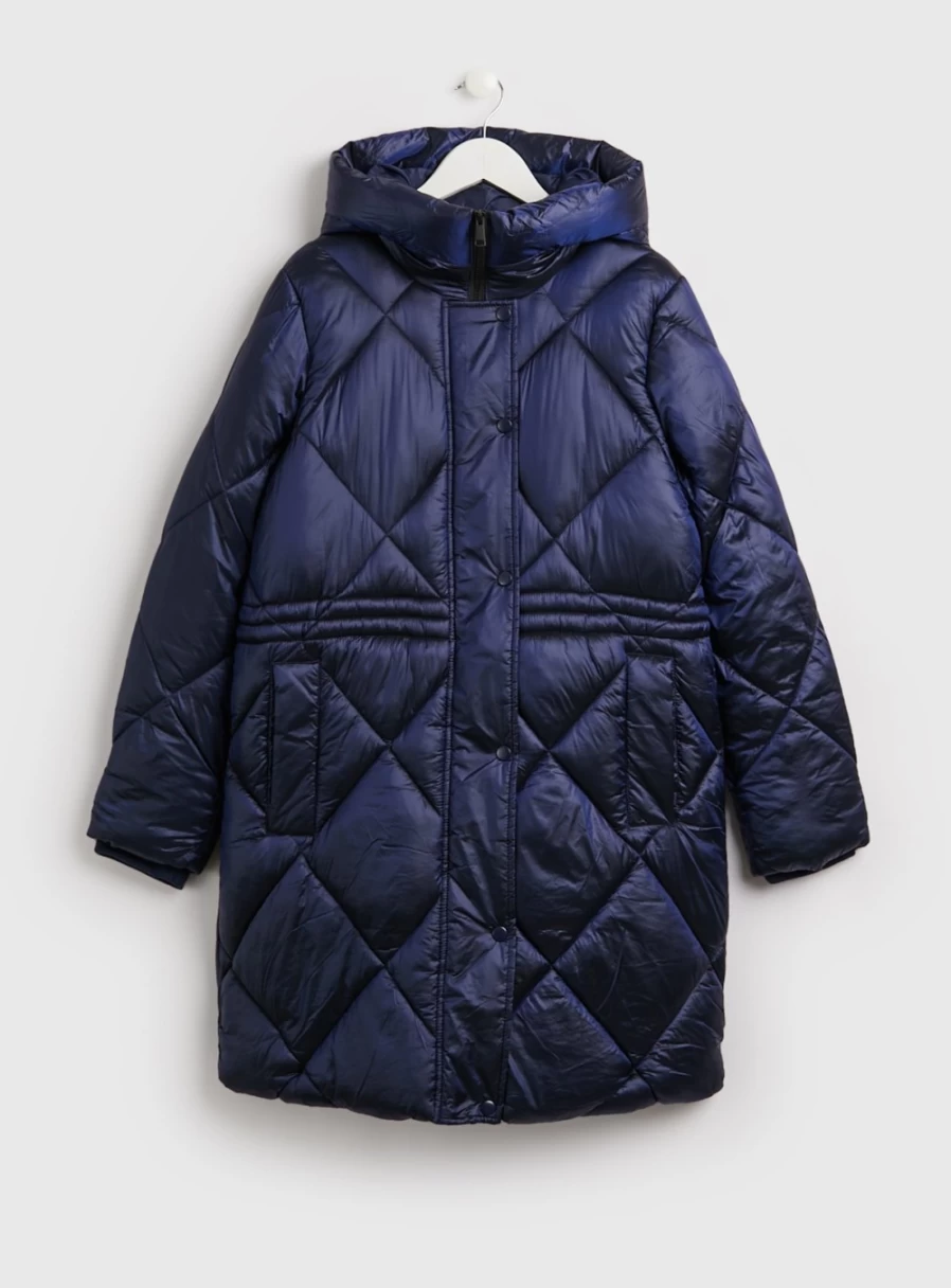 Tu Women's Blue High Shine Padded Coat - Glossy Winter Jacket with Quilted Detail, Size 14