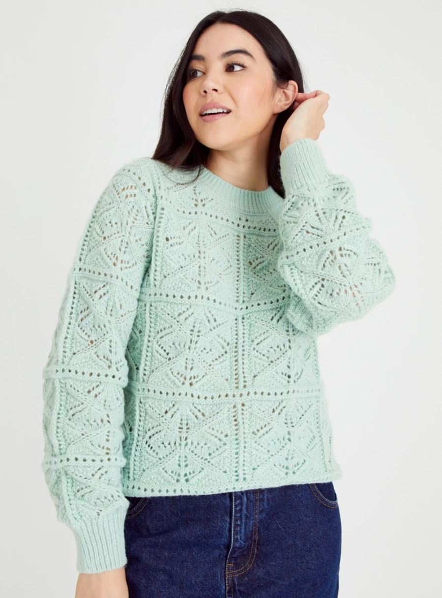 Tu Women's Pistachio Green Pointelle Knit Jumper - Soft 18 Gauge Sweater