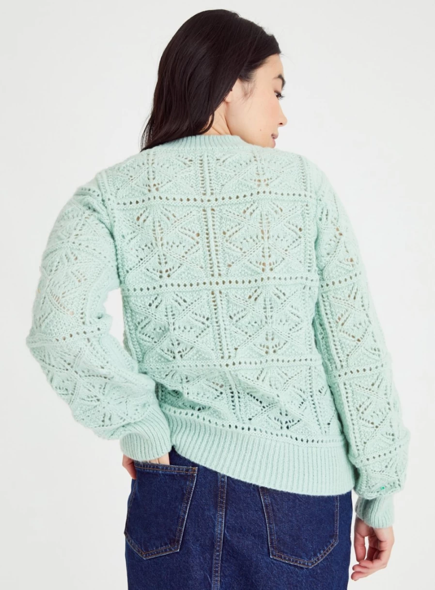 Tu Women's Pistachio Green Pointelle Knit Jumper - Soft 18 Gauge Sweater