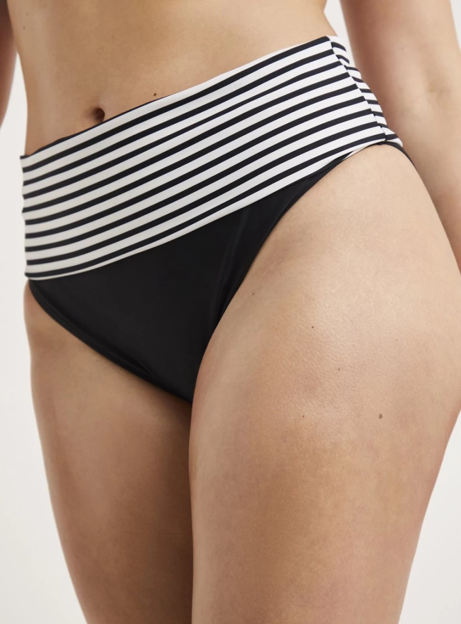 Figleaves Women's Black Stripe Tailored Fold Bikini Bottoms - Size 16