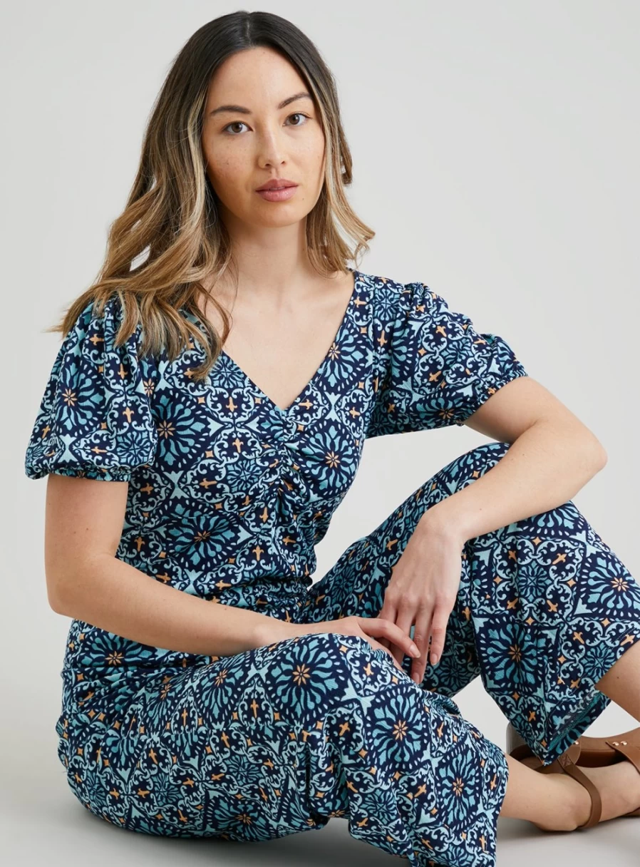 Tu Women's Blue Tile Print Crinkle Jumpsuit - Size 18 Casual Summer Romper