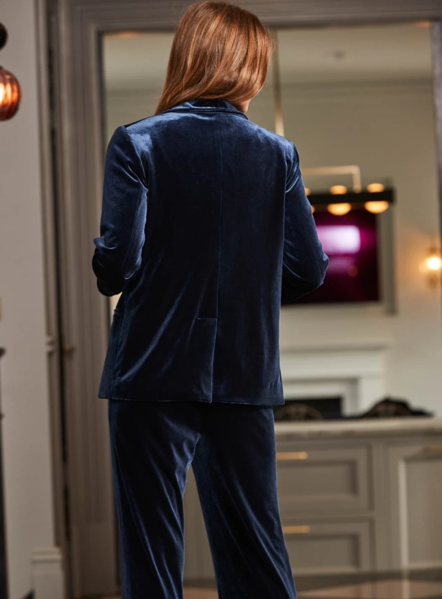 Sosandar Women's Midnight Blue Velvet Blazer - Size 10 | Elegant Formal Jacket for Women